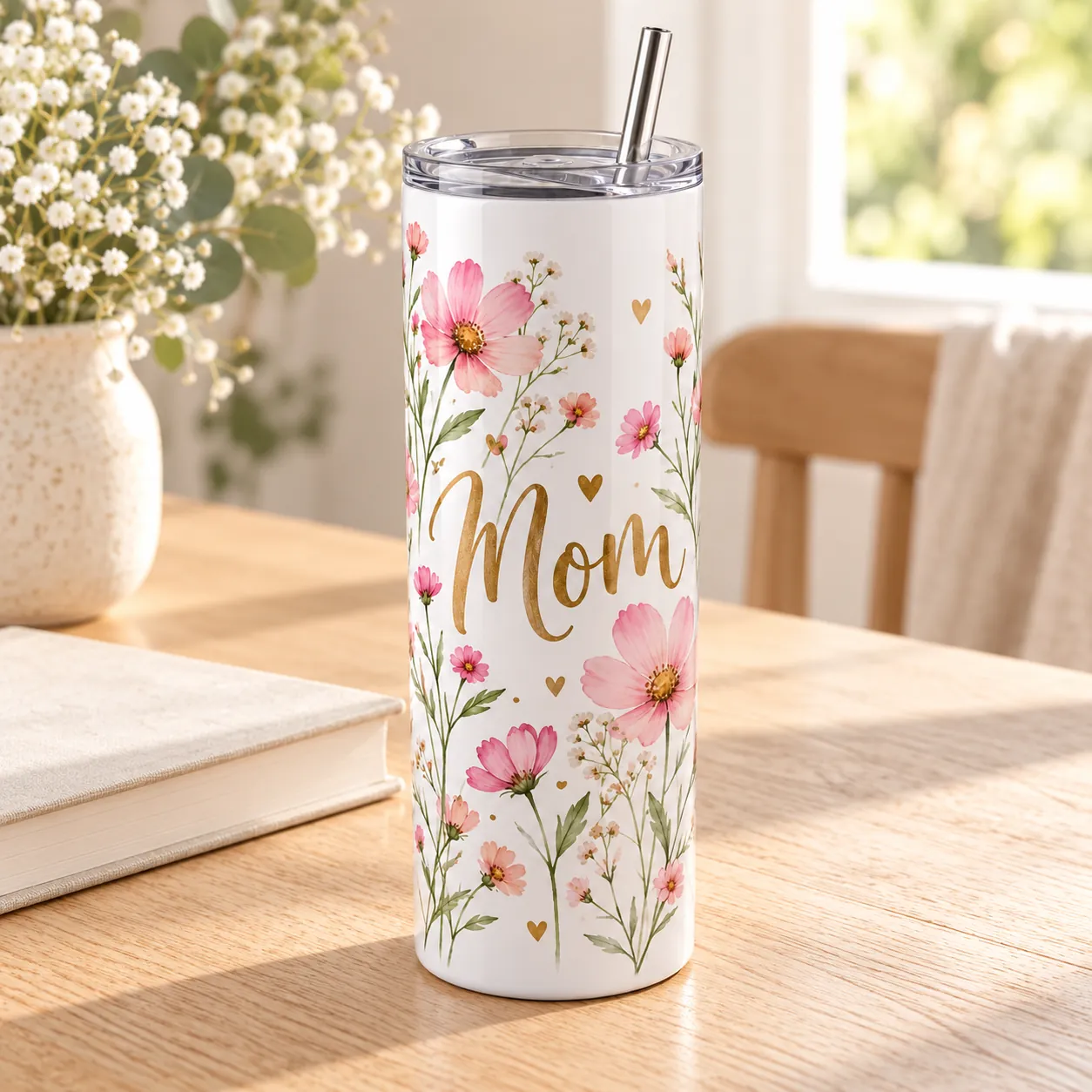 Wildflower Mom 20 oz Skinny Tumbler — lifestyle design mockup