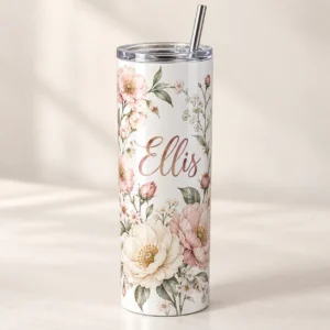 Birthday Petals 20 oz Skinny Tumbler — main design mockup