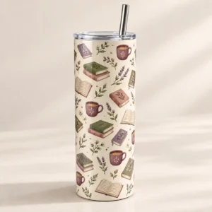 Bookish Morning 20 oz Skinny Tumbler — main design mockup