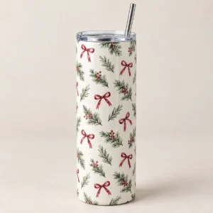 Holiday Ribbon 20 oz Skinny Tumbler — main design mockup