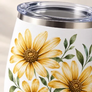 Golden Daisy 12 oz Wine Tumbler — detail design mockup