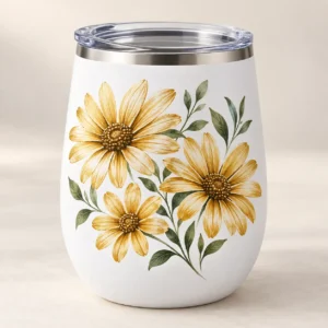 Golden Daisy 12 oz Wine Tumbler — main design mockup