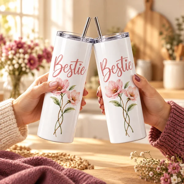 Bestie Blooms 20 oz Skinny Tumbler — cat tile bestie tumblers design illustration
