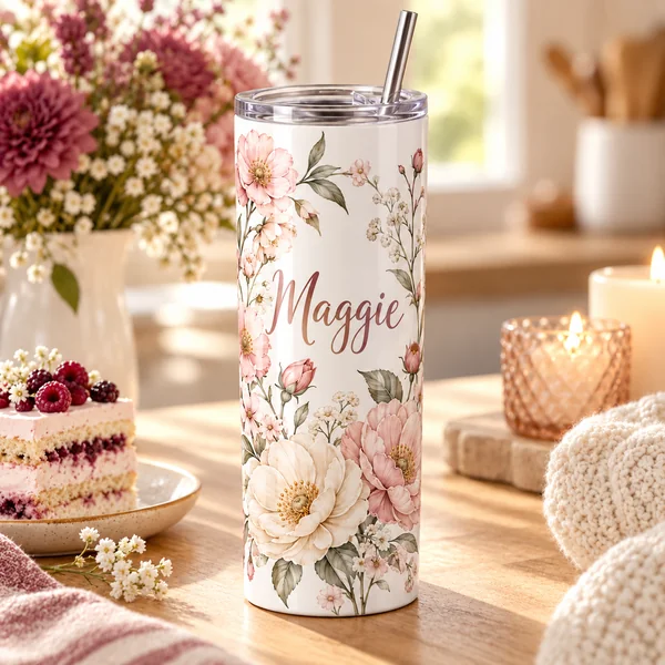 Birthday Petals 20 oz Skinny Tumbler — cat tile birthday tumblers design illustration