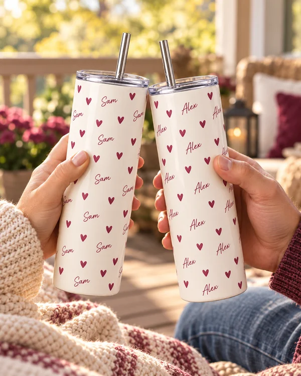 Together Hearts 20 oz Skinny Tumbler — cat tile couple tumblers design illustration