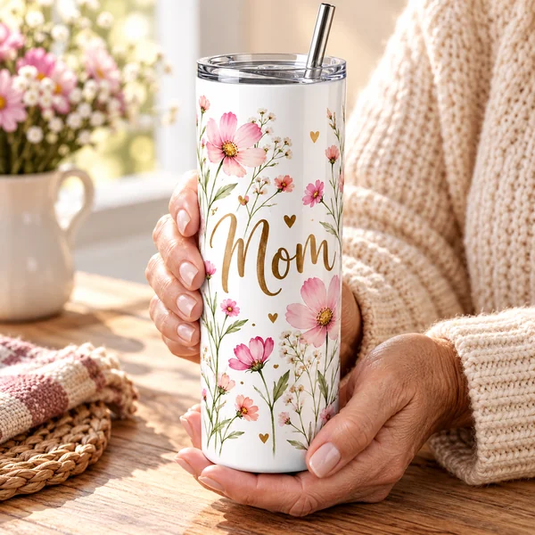 Wildflower Mom 20 oz Skinny Tumbler — cat tile mom grandma tumblers design illustration