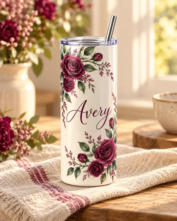Rose Name 20 oz Skinny Tumbler — cat tile name monogram tumblers design illustration