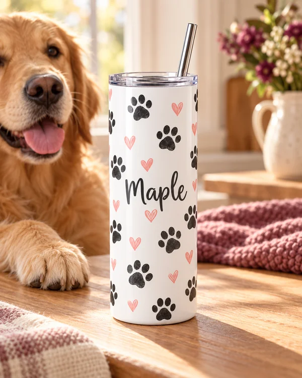 Pawprint Name 20 oz Skinny Tumbler — cat tile pet tumblers design illustration