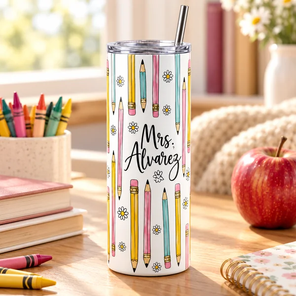 Teacher Pencil 20 oz Skinny Tumbler — cat tile teacher tumblers design illustration